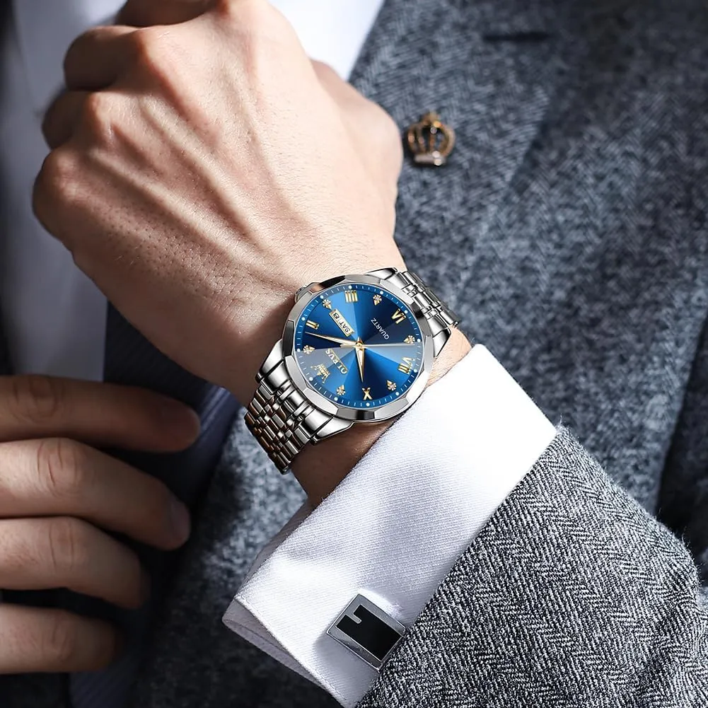 Read Analog Quartz Watch with Day and Date, Classic Waterproof Diamond Roman Arabic Numerals Dial Dress Watch for Men, Gold Silver Black Band Men's Casual Stainless Steel Watch, Big Face Easy scornful incoming seashore exhaust to 