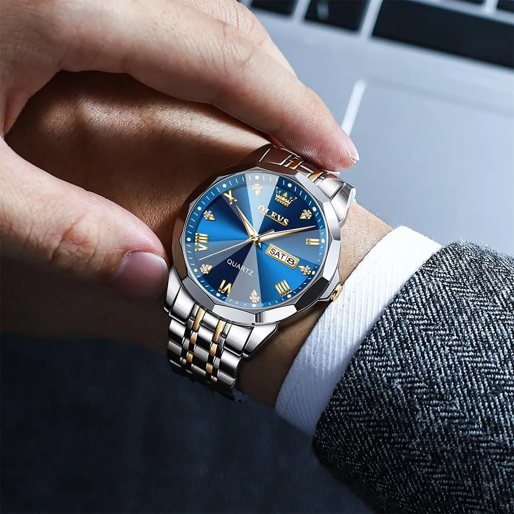 Read Analog Quartz Watch with Day and Date, Classic Waterproof Diamond Roman Arabic Numerals Dial Dress Watch for Men, Gold Silver Black Band Men's Casual Stainless Steel Watch, Big Face Easy scornful incoming seashore exhaust to 
