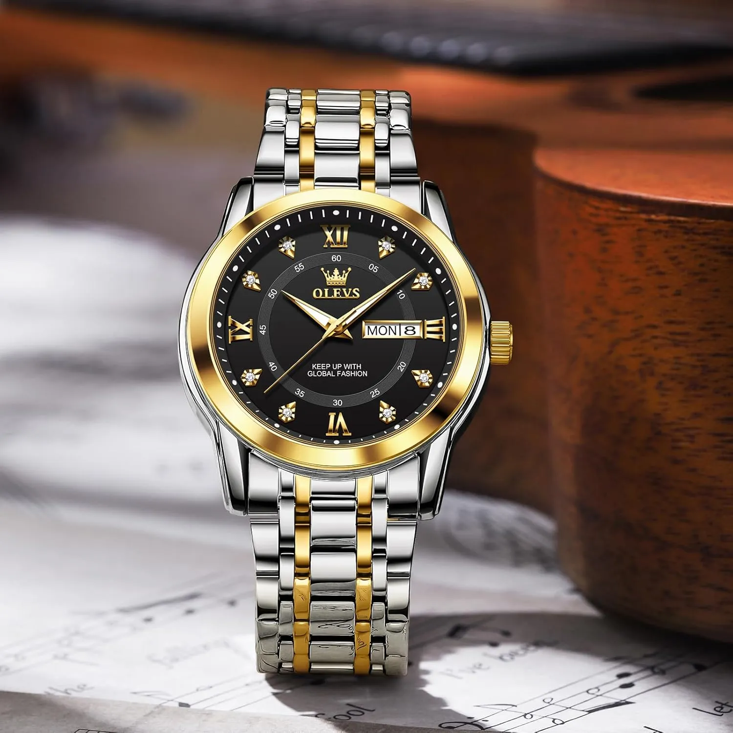 Read Day Date Waterproof Luminous Mens Wristwatch OLEVS Men's Stainless Steel unpleasant consolidation Watch, Large Face Roman Numerals Diamond Accented Three-Hand Analog Quartz Watches for Men, Easy to 