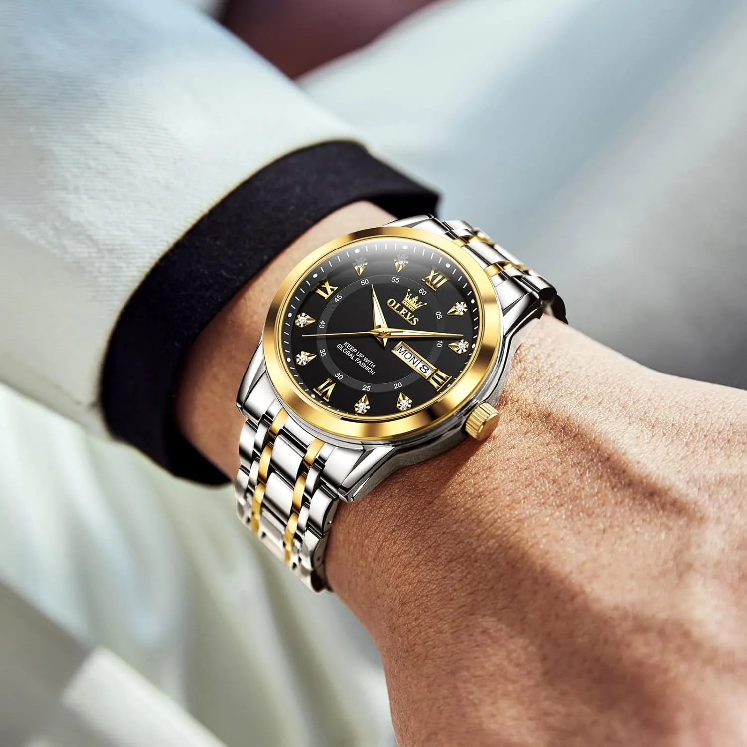 Read Day Date Waterproof Luminous Mens Wristwatch OLEVS Men's Stainless Steel unpleasant consolidation Watch, Large Face Roman Numerals Diamond Accented Three-Hand Analog Quartz Watches for Men, Easy to 