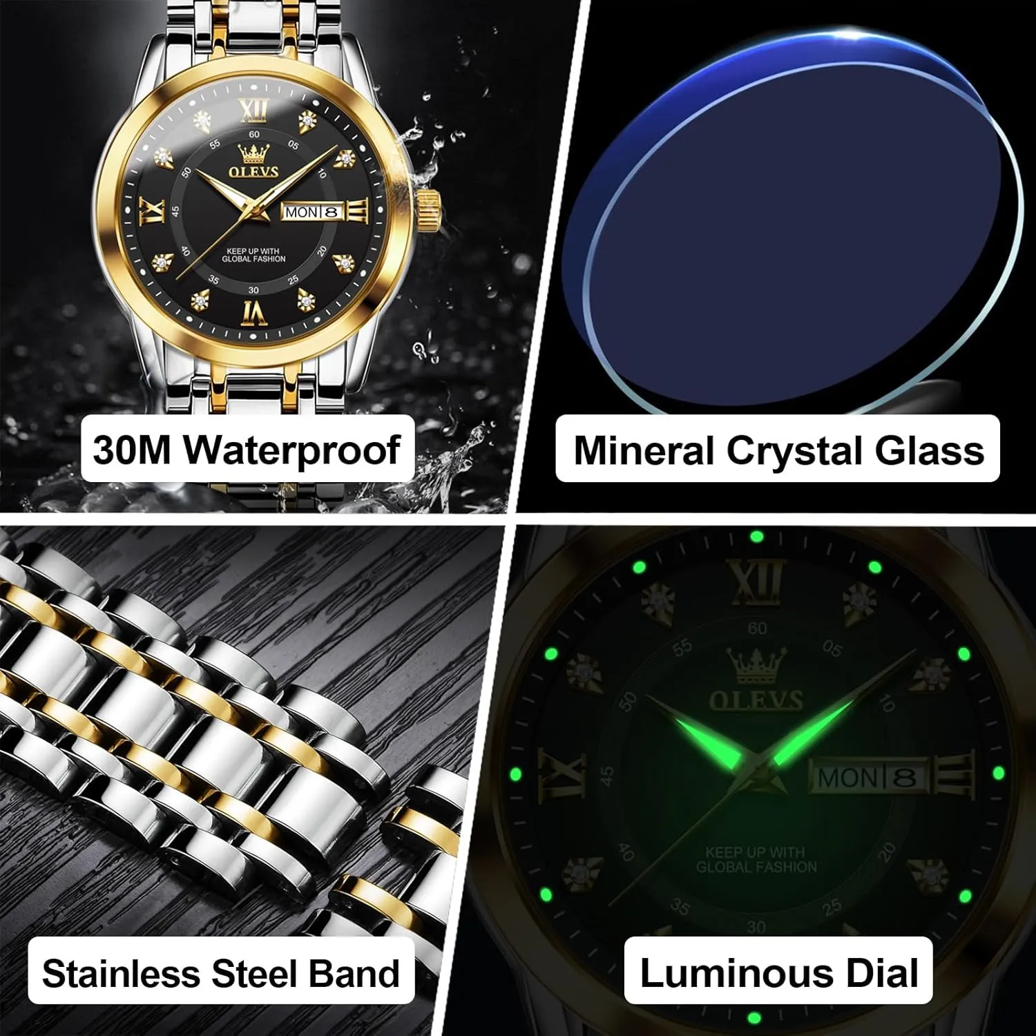 Read Day Date Waterproof Luminous Mens Wristwatch OLEVS Men's Stainless Steel unpleasant consolidation Watch, Large Face Roman Numerals Diamond Accented Three-Hand Analog Quartz Watches for Men, Easy to 
