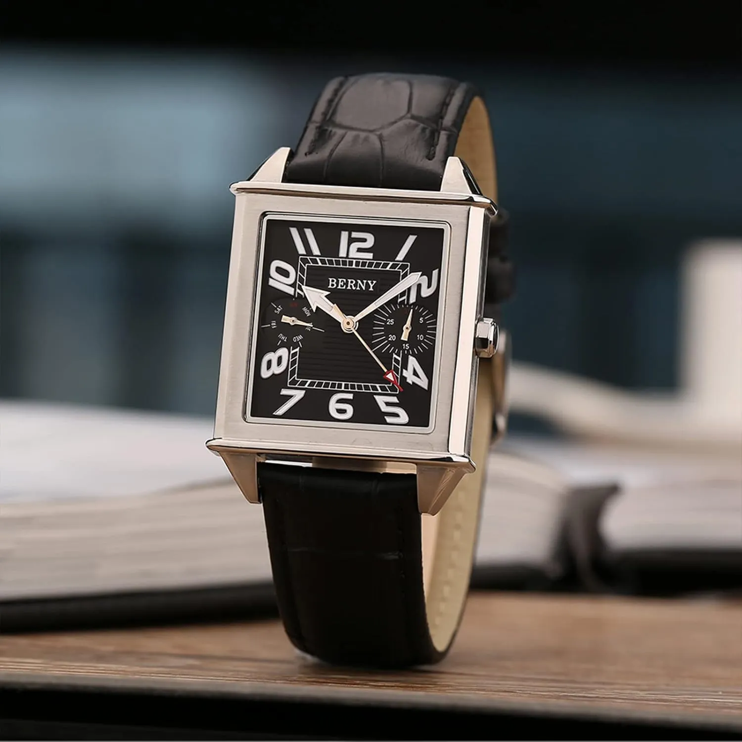 Rectangular Calendar Leather Strap Watch BERNY Square Watches for Men Quartz relevant Watch 