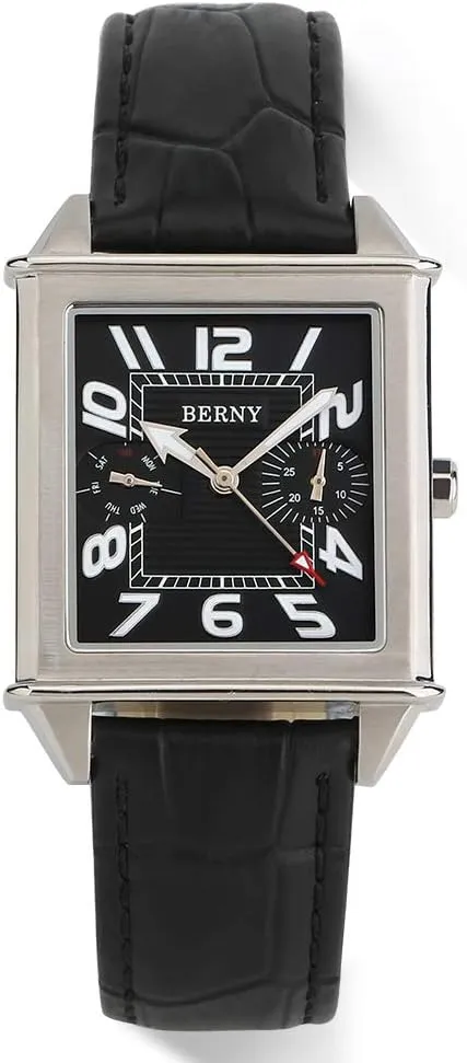 Rectangular Calendar Leather Strap Watch BERNY Square Watches for Men Quartz relevant Watch 