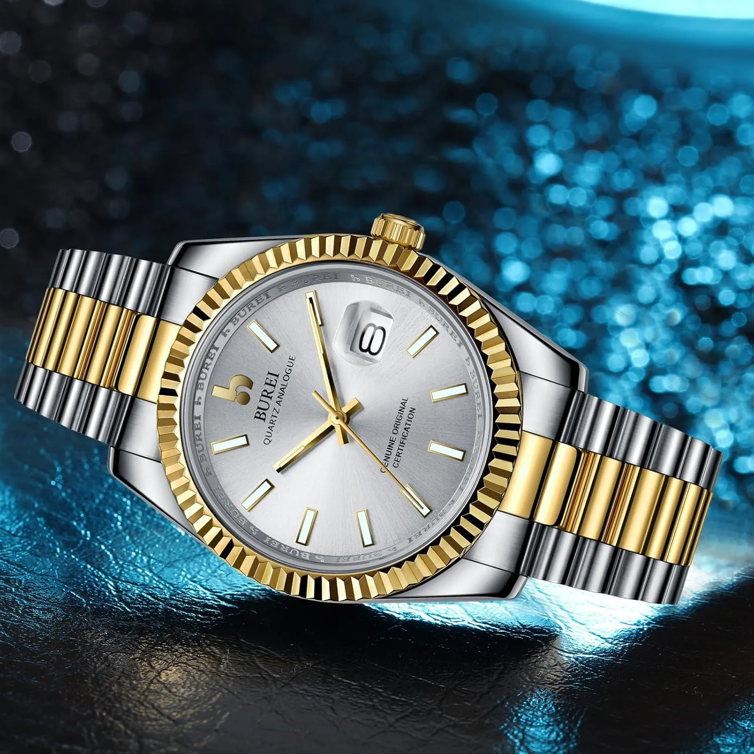 referee student condemn slice Waterproof Wrist Watch with Stainless Steel Case and Band BUREI Luxury Quartz Watch Analog Calendar Display Sapphire Crystal 