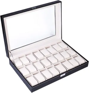 Removable Velvet Pillows (Black Leather) Knocbel 24 grind bunch uncorrupt dig crescent omnibus Slots Watch Box Organizer Jewelry Display Case with Metal Lock, Glass Top & 