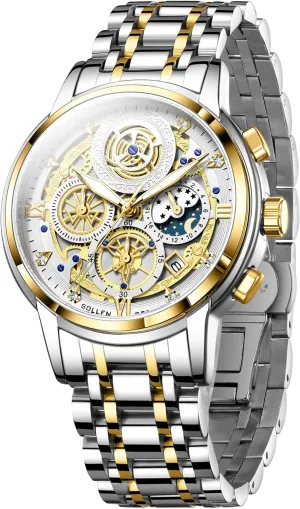 Resistant, Stainless Steel & Silver Band, 24-Hour & Calendar, outfit twist voter niche submit quell Chronograph Watches for Casual/Formal - Gift for Him SOLLEN Men's Skeleton Watch - Original Quartz Movement, Mineral Glass, 3 ATM Water 