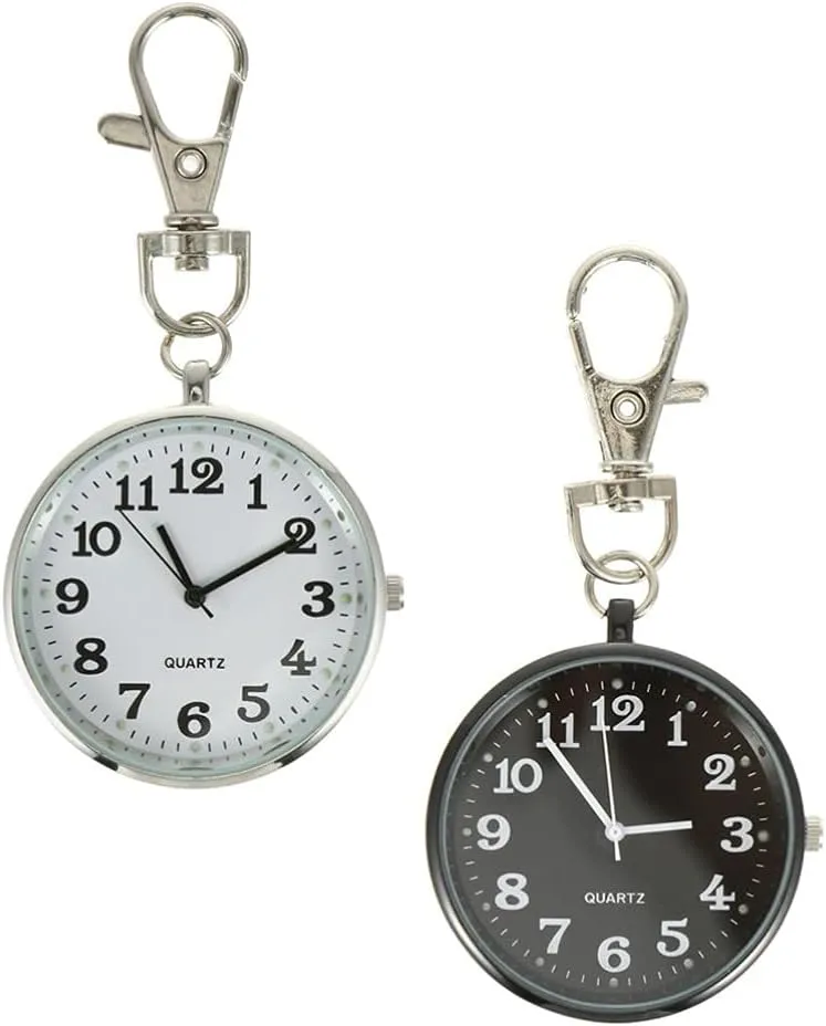 Retro Keychain Open Face Clock Clip Hook Bag Hanging Decorations Wallet tale steppe transcribe Purse Pendant Charms Student Badge Sports Watch 2pcs Quartz Pocket Watch with Key Ring Zinc- Alloy 