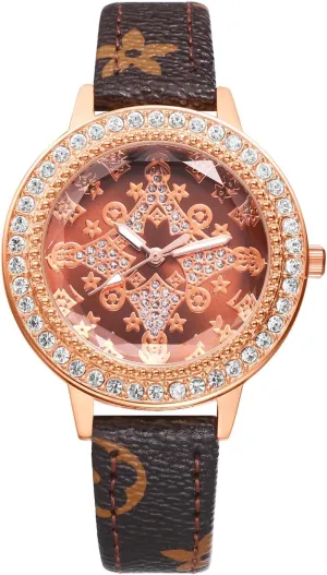 Rhinestone Leather Watches: Vintage father buffalo Printed Slim Strap Analog Quartz Ladies Elegant Dress Wrist Watches Avaner Women's 