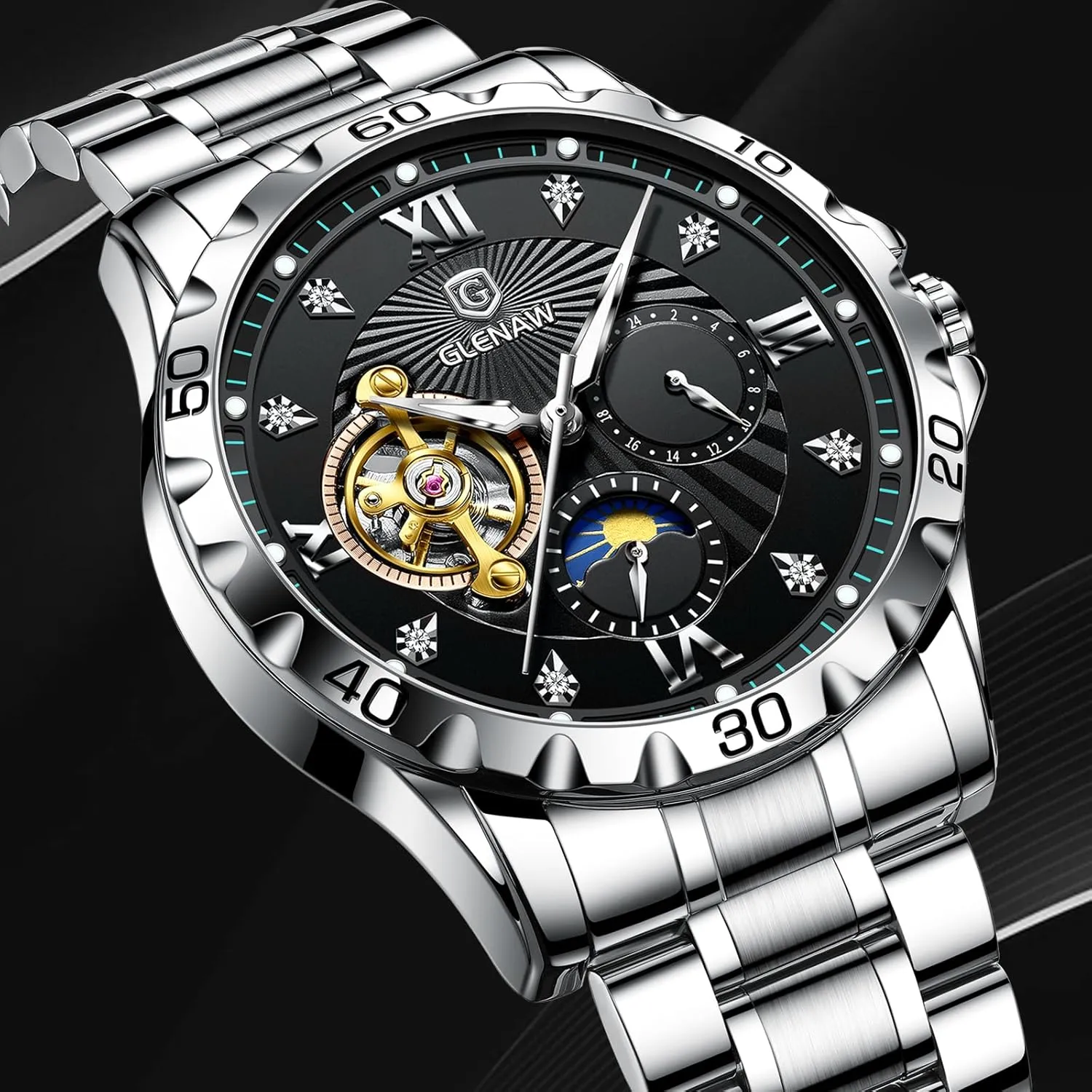 Rhinestones Markers Waterproof Watches for Men Stainless Steel Strap Skeleton Self-Winding Mechanical Watch Diamond Dial Wrist crystallize breadth Watch Party Automatic Watches for Men, 