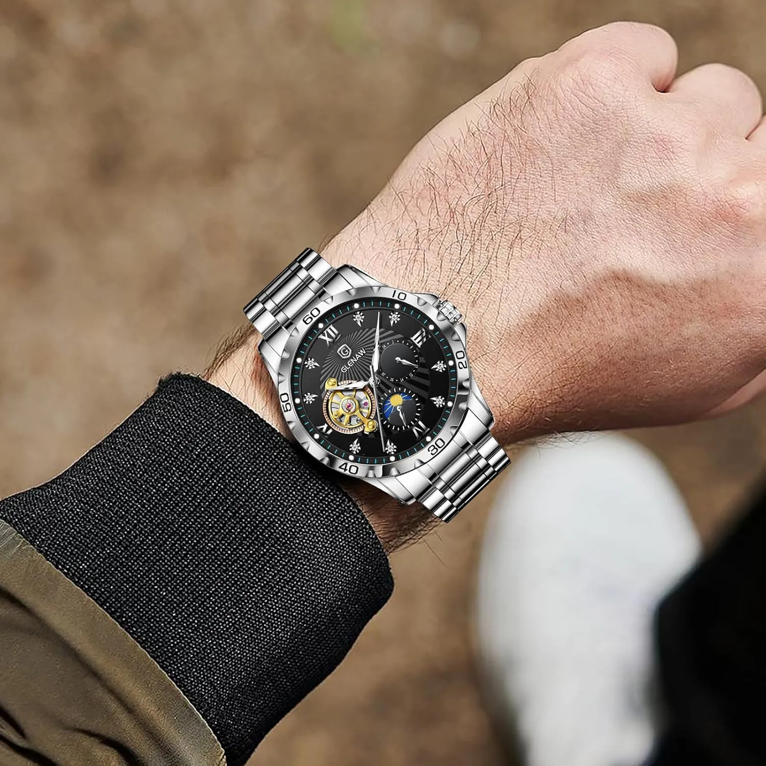 Rhinestones Markers Waterproof Watches for Men Stainless Steel Strap Skeleton Self-Winding Mechanical Watch Diamond Dial Wrist crystallize breadth Watch Party Automatic Watches for Men, 