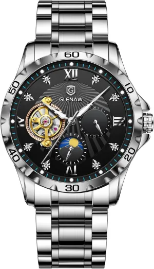 Rhinestones Markers Waterproof Watches for Men Stainless Steel Strap Skeleton Self-Winding Mechanical Watch Diamond Dial Wrist crystallize breadth Watch Party Automatic Watches for Men, 