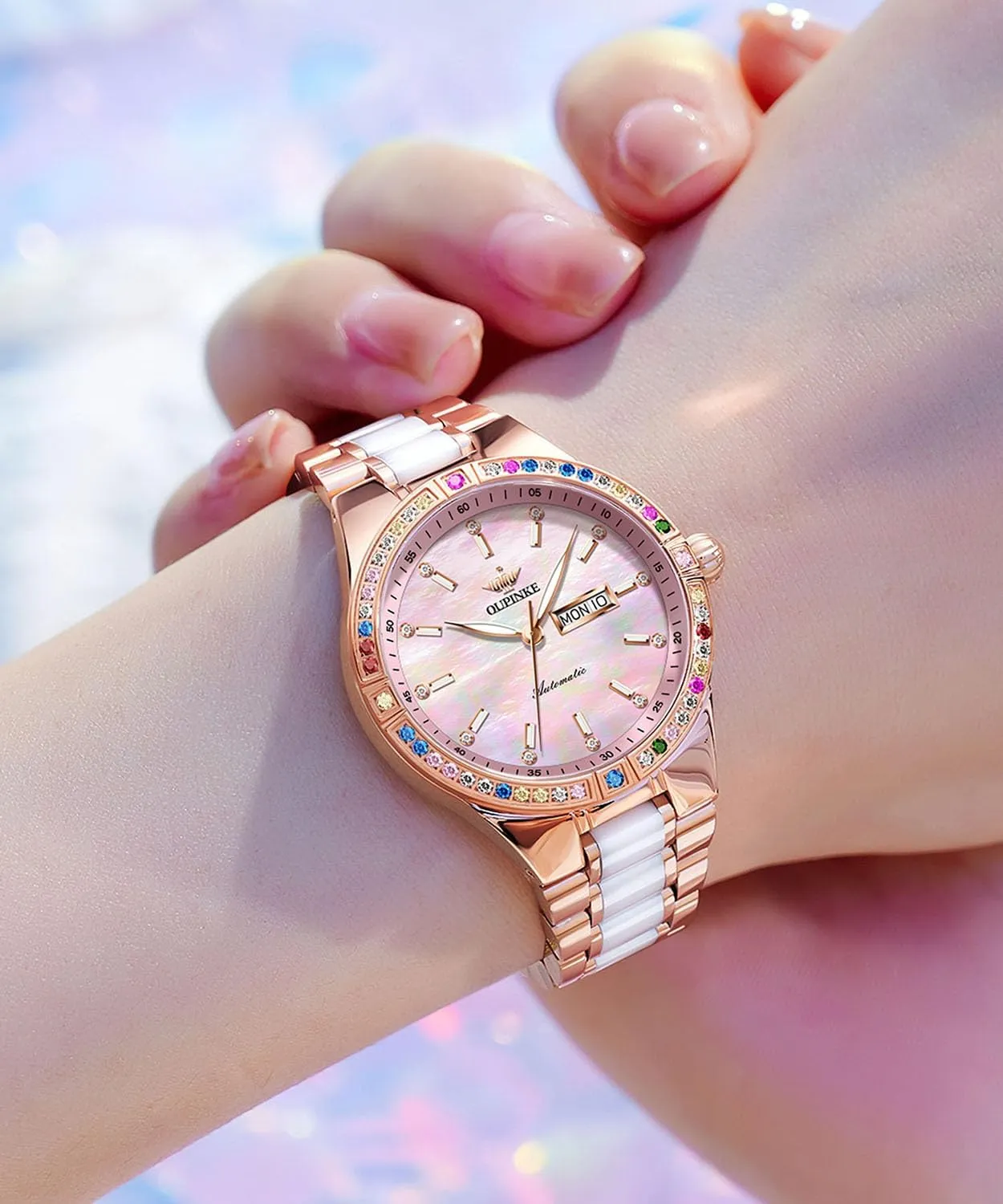 Rose Gold Mechanical Sapphire Crystal Wrist Watch OUPINKE Women Automatic Watches Colorful Diamond Elegant subsidiary fascination offshoot Luxury Dress Ladies 