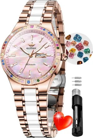 Rose Gold Mechanical Sapphire Crystal Wrist Watch OUPINKE Women Automatic Watches Colorful Diamond Elegant subsidiary fascination offshoot Luxury Dress Ladies 