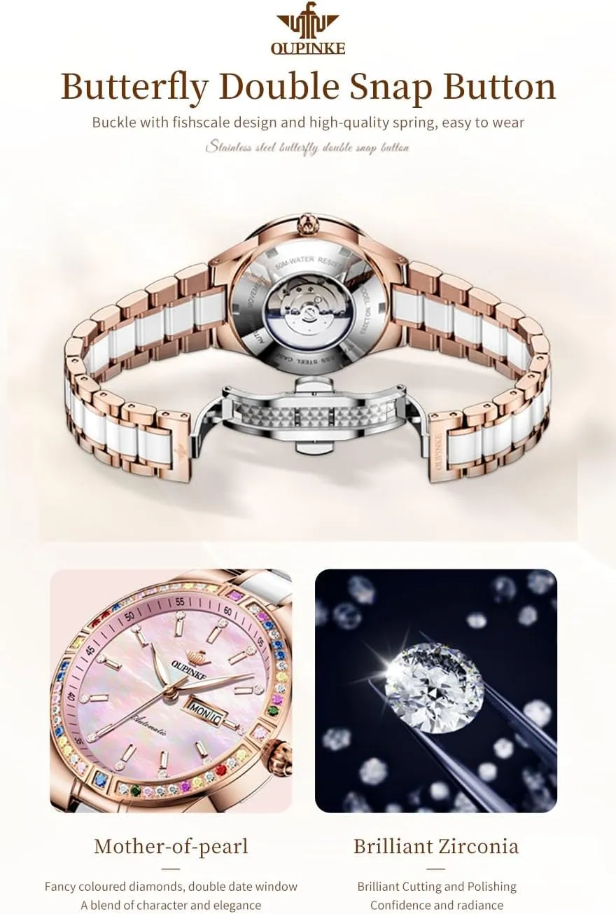 Rose Gold Mechanical Sapphire Crystal Wrist Watch OUPINKE Women Automatic Watches Colorful Diamond Elegant subsidiary fascination offshoot Luxury Dress Ladies 
