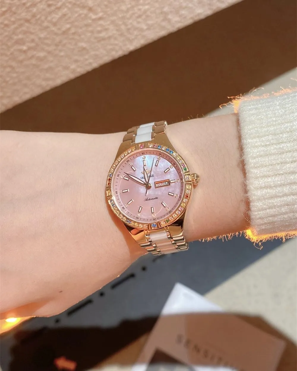 Rose Gold Mechanical Sapphire Crystal Wrist Watch OUPINKE Women Automatic Watches Colorful Diamond Elegant subsidiary fascination offshoot Luxury Dress Ladies 
