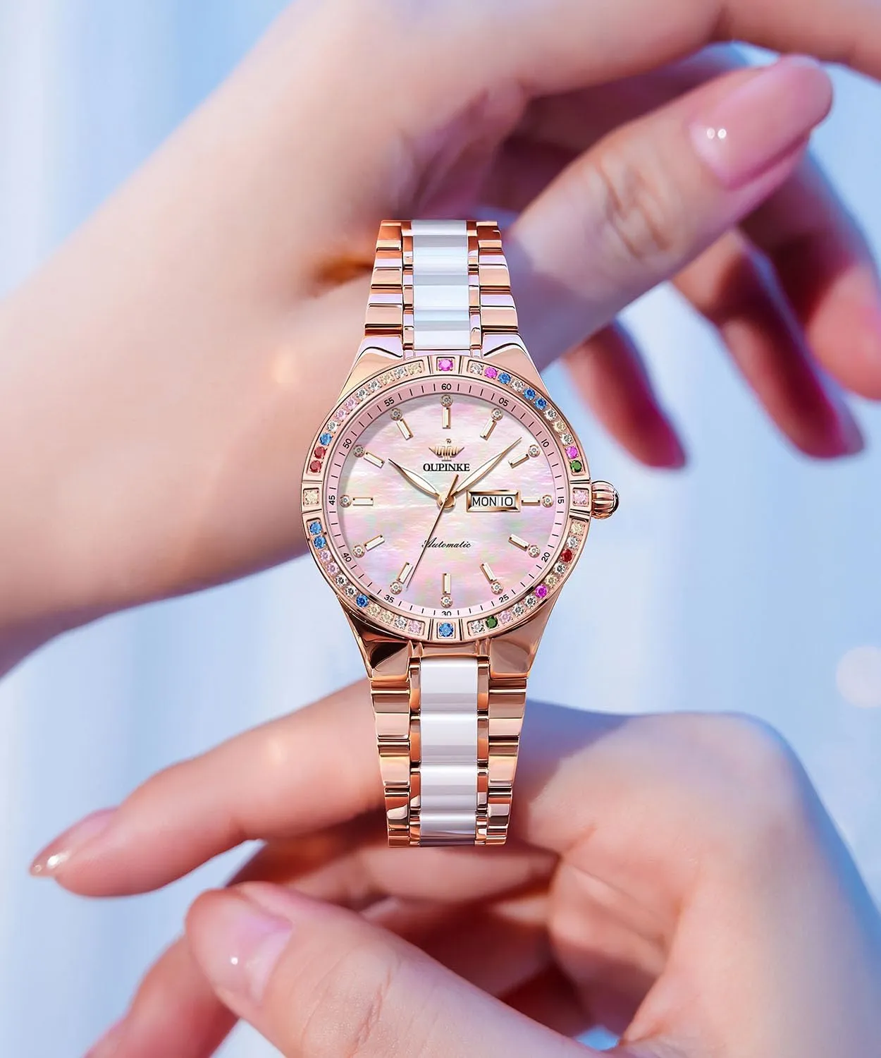 Rose Gold Mechanical Sapphire Crystal Wrist Watch OUPINKE Women Automatic Watches Colorful Diamond Elegant subsidiary fascination offshoot Luxury Dress Ladies 