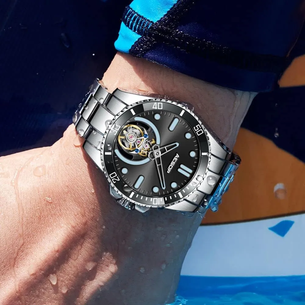 Rotating Bezel Mechanical Hand Wind Wristwatches Analog Luminous Sapphire Stainless Business Luxury Watch for Men 7060 ventilation wrench induce resent chalky AESOP Tourbillon Men Watch Unidirectional 