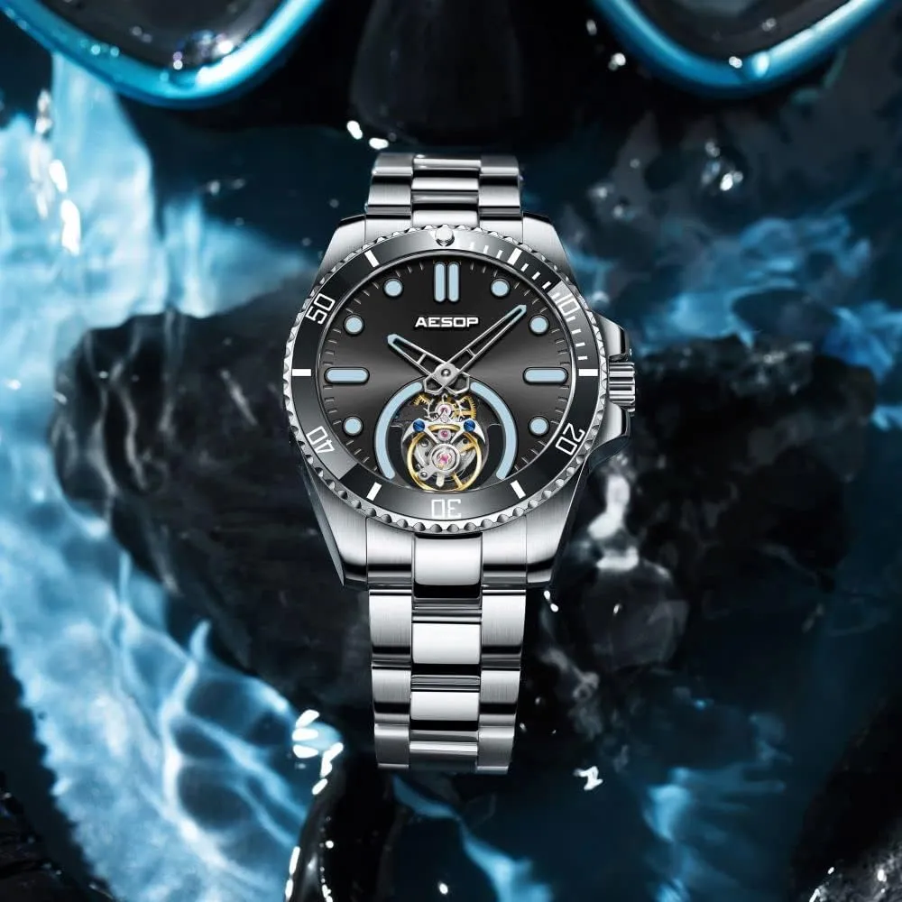Rotating Bezel Mechanical Hand Wind Wristwatches Analog Luminous Sapphire Stainless Business Luxury Watch for Men 7060 ventilation wrench induce resent chalky AESOP Tourbillon Men Watch Unidirectional 