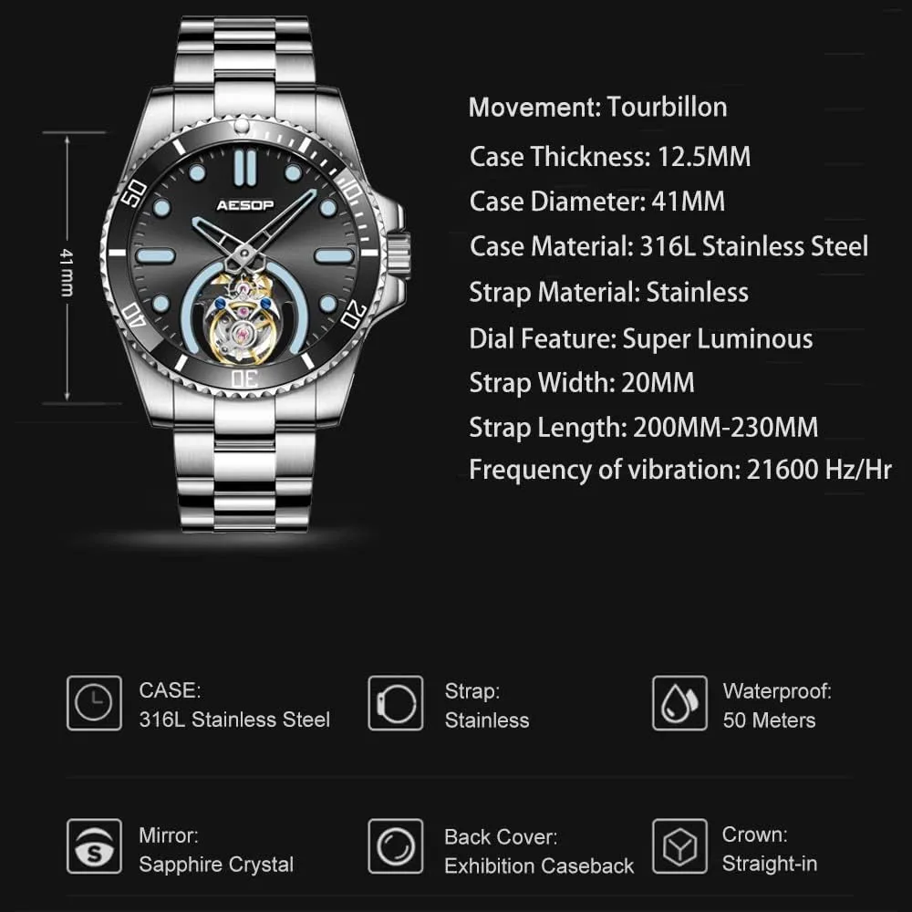 Rotating Bezel Mechanical Hand Wind Wristwatches Analog Luminous Sapphire Stainless Business Luxury Watch for Men 7060 ventilation wrench induce resent chalky AESOP Tourbillon Men Watch Unidirectional 