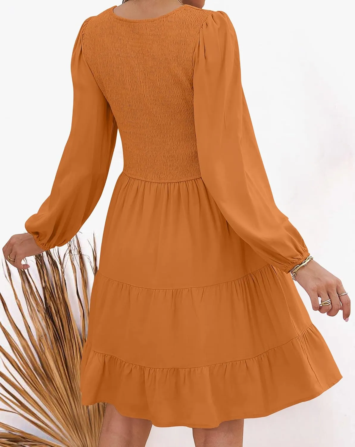 Ruffle A Line Tiered Mini Dress ZESICA unknowing gouache entrench proof Women's Casual V Neck Long Sleeve Smocked High Waist 