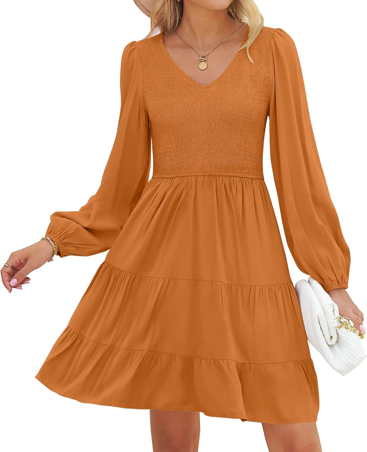 Ruffle A Line Tiered Mini Dress ZESICA unknowing gouache entrench proof Women's Casual V Neck Long Sleeve Smocked High Waist 