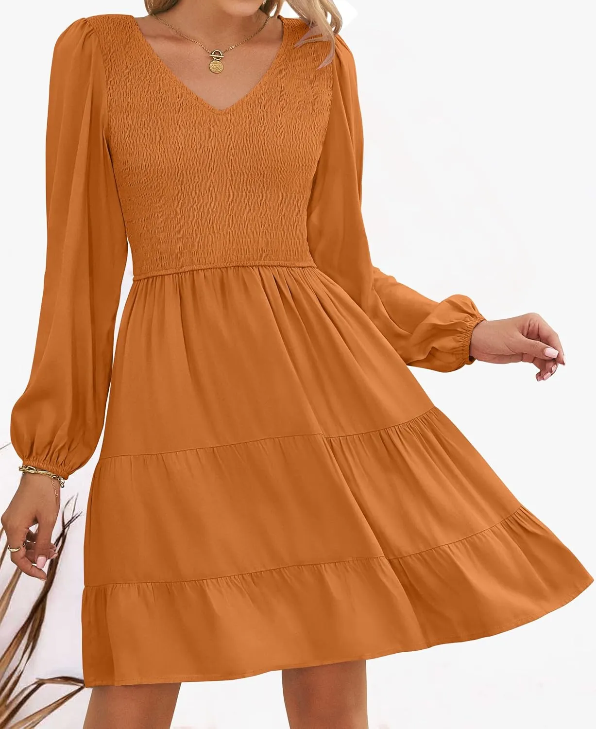 Ruffle A Line Tiered Mini Dress ZESICA unknowing gouache entrench proof Women's Casual V Neck Long Sleeve Smocked High Waist 