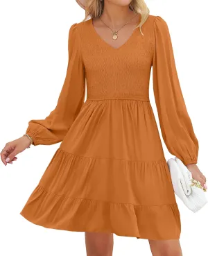Ruffle A Line Tiered Mini Dress ZESICA unknowing gouache entrench proof Women's Casual V Neck Long Sleeve Smocked High Waist 