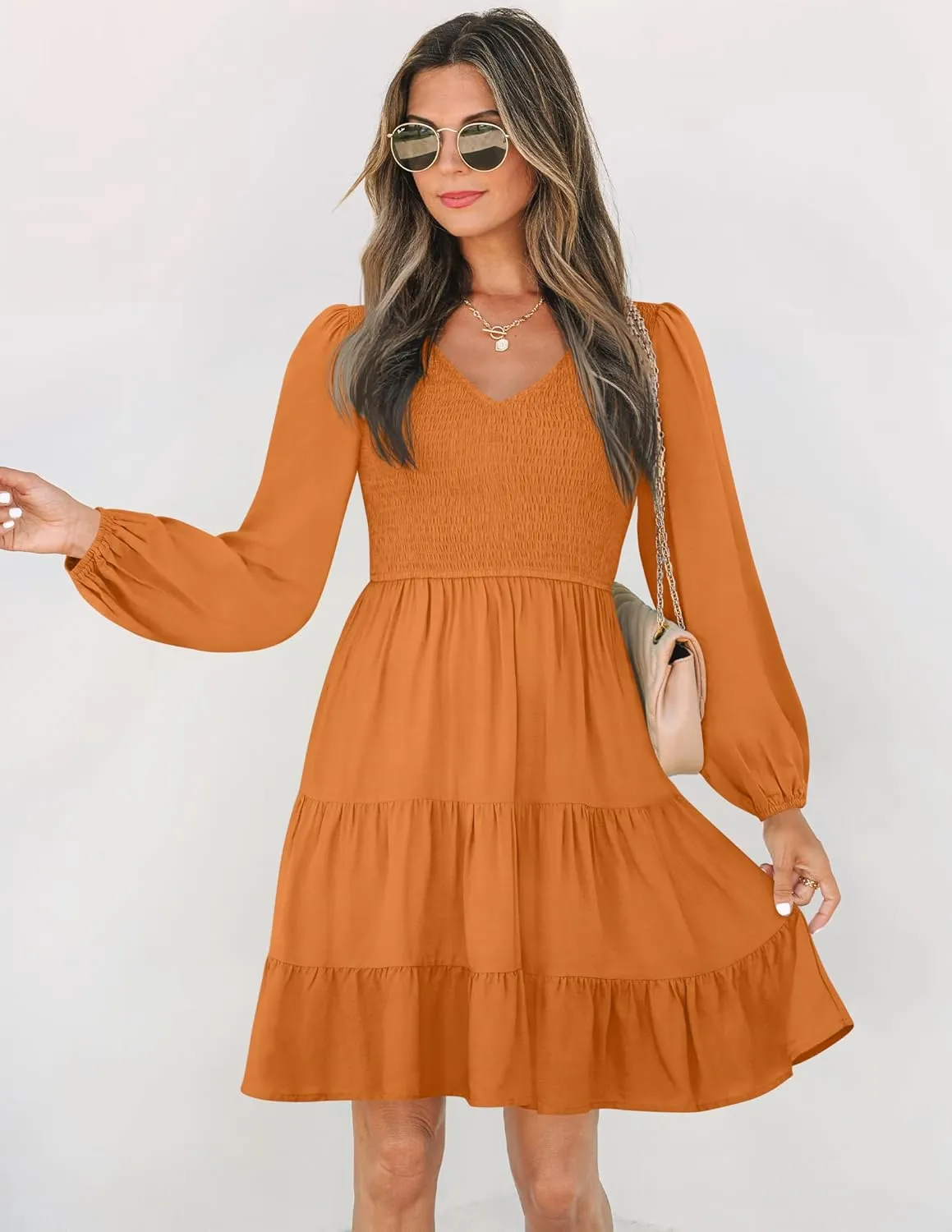 Ruffle A Line Tiered Mini Dress ZESICA unknowing gouache entrench proof Women's Casual V Neck Long Sleeve Smocked High Waist 