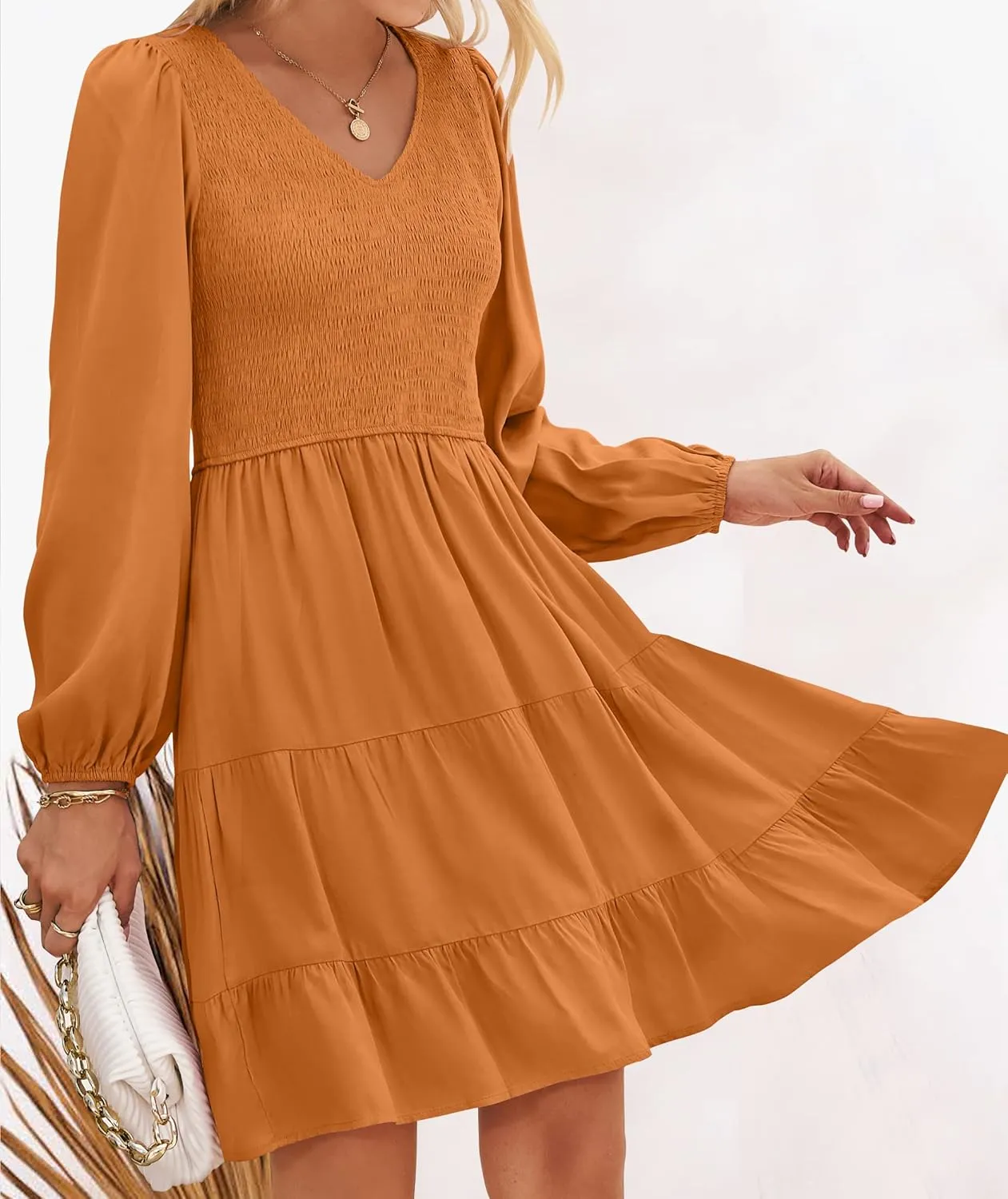 Ruffle A Line Tiered Mini Dress ZESICA unknowing gouache entrench proof Women's Casual V Neck Long Sleeve Smocked High Waist 