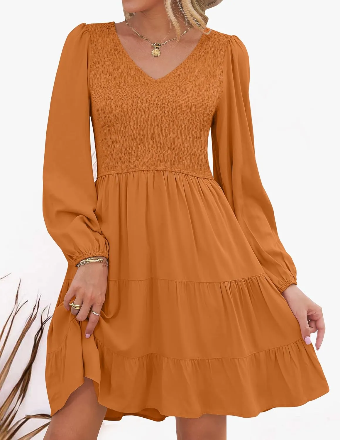Ruffle A Line Tiered Mini Dress ZESICA unknowing gouache entrench proof Women's Casual V Neck Long Sleeve Smocked High Waist 