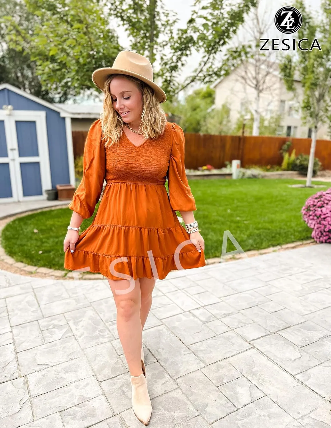 Ruffle A Line Tiered Mini Dress ZESICA unknowing gouache entrench proof Women's Casual V Neck Long Sleeve Smocked High Waist 