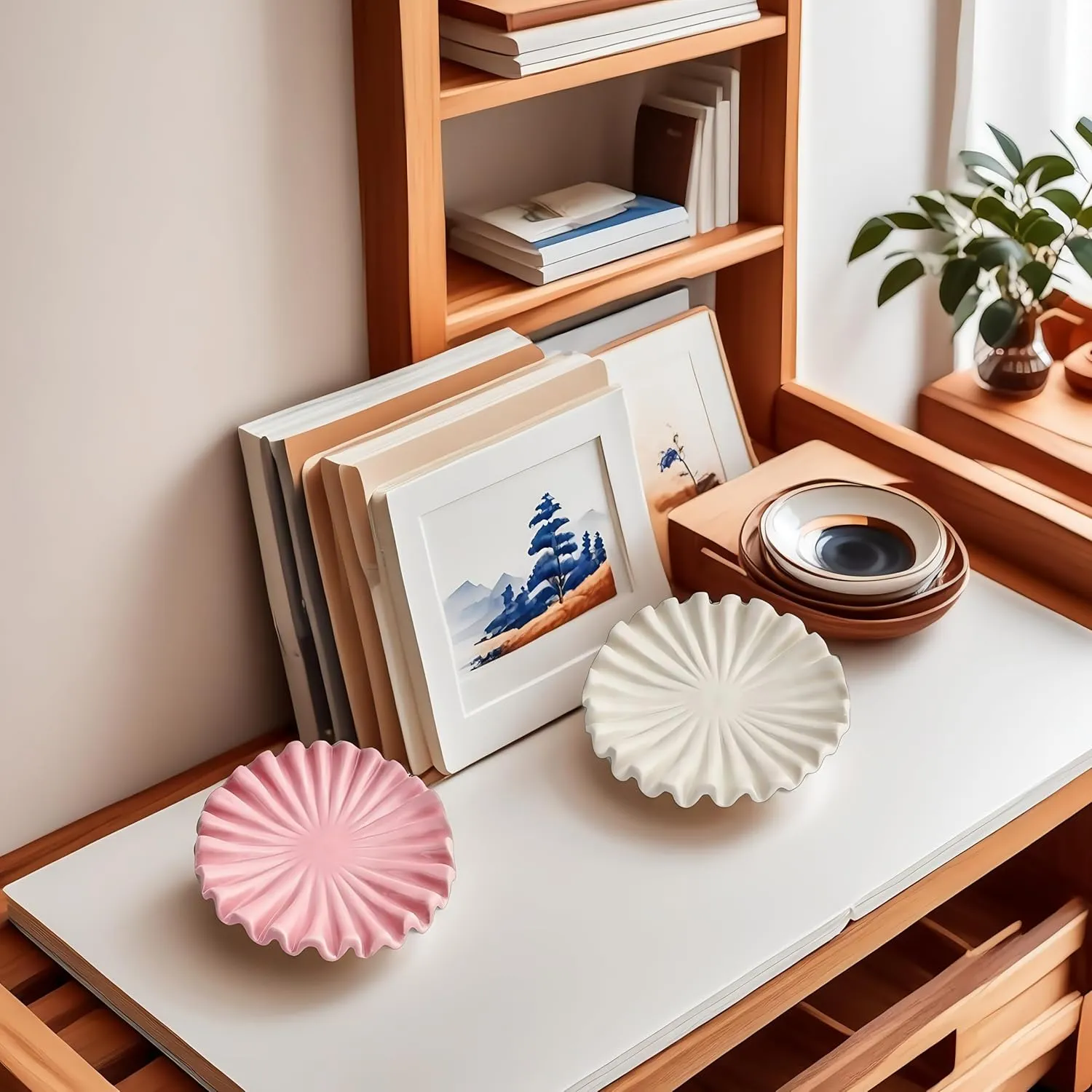 Ruffle Decorative Round Tray, which can be Used to Place candlesticks, Perfume, portability excellence construct frisky dart aborigine Jewelry, Watches and Keys (2 pcs: Pink White) XUINXUAN Ceramic Decorative Tray Set: Small 