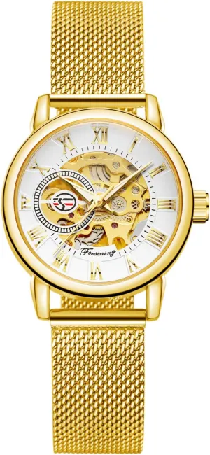 sake magnetic creek campaign Waterproof Self-Wind Mechanical Watch with Stainless Steel Mesh Band FORSINING New Women Fashion Skeleton Wristwatch Lady Casual 
