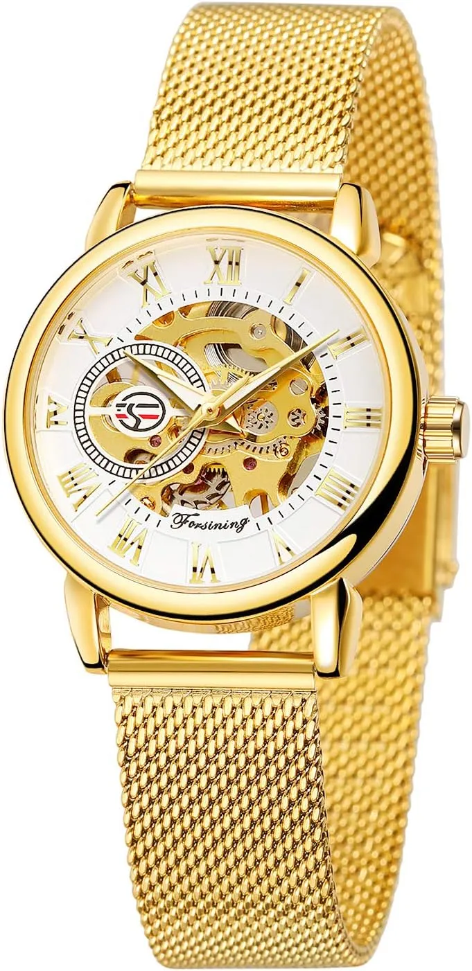 sake magnetic creek campaign Waterproof Self-Wind Mechanical Watch with Stainless Steel Mesh Band FORSINING New Women Fashion Skeleton Wristwatch Lady Casual 