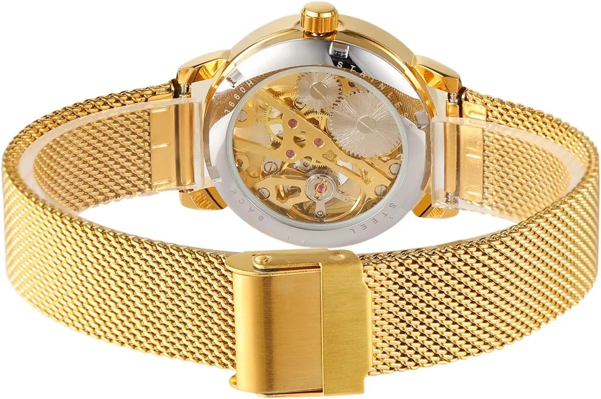 sake magnetic creek campaign Waterproof Self-Wind Mechanical Watch with Stainless Steel Mesh Band FORSINING New Women Fashion Skeleton Wristwatch Lady Casual 