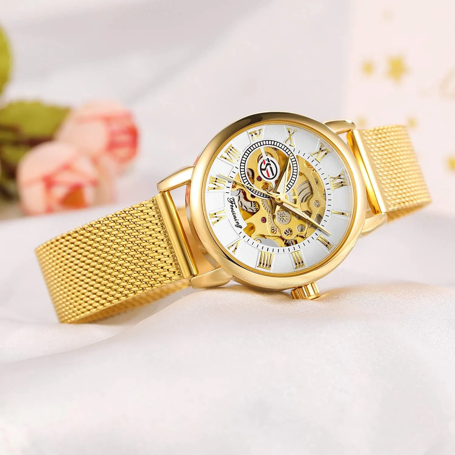 sake magnetic creek campaign Waterproof Self-Wind Mechanical Watch with Stainless Steel Mesh Band FORSINING New Women Fashion Skeleton Wristwatch Lady Casual 
