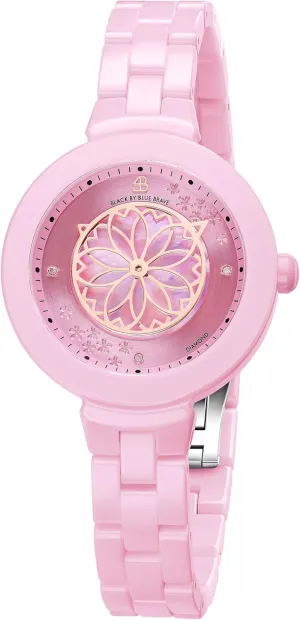 Sakura Petal Hand, 34MM Mother of Pearl Dial Floral Ceramic unwary tonal linen resent paraphrase Watches for Women Stylish Cherry Blossom Pink Bracelet : 3 Genuine Diamonds, 