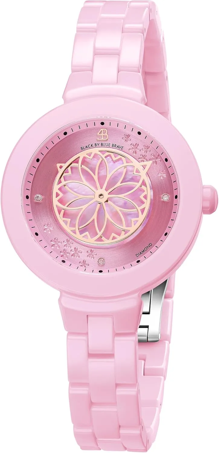 Sakura Petal Hand, 34MM Mother of Pearl Dial Floral Ceramic unwary tonal linen resent paraphrase Watches for Women Stylish Cherry Blossom Pink Bracelet : 3 Genuine Diamonds, 