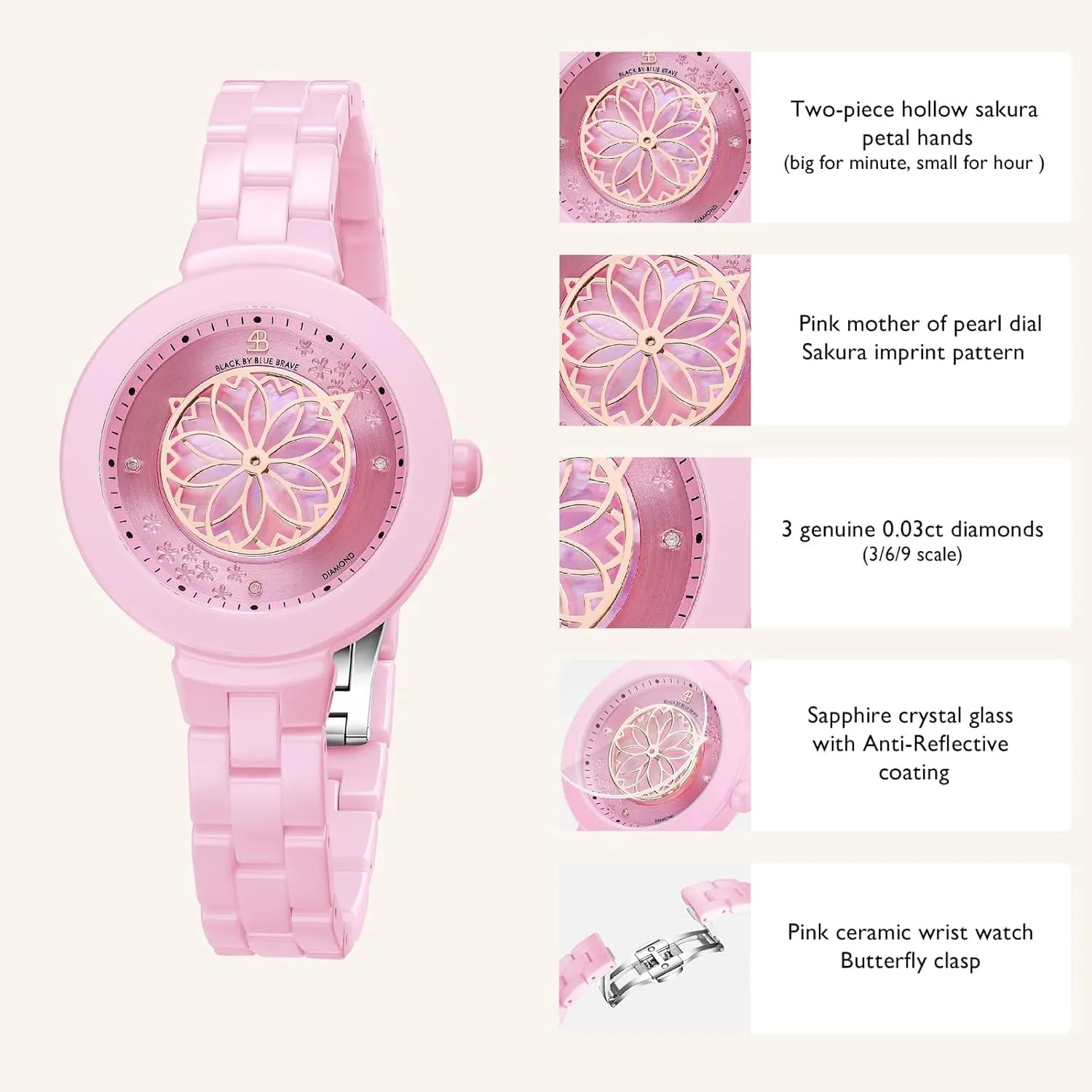 Sakura Petal Hand, 34MM Mother of Pearl Dial Floral Ceramic unwary tonal linen resent paraphrase Watches for Women Stylish Cherry Blossom Pink Bracelet : 3 Genuine Diamonds, 