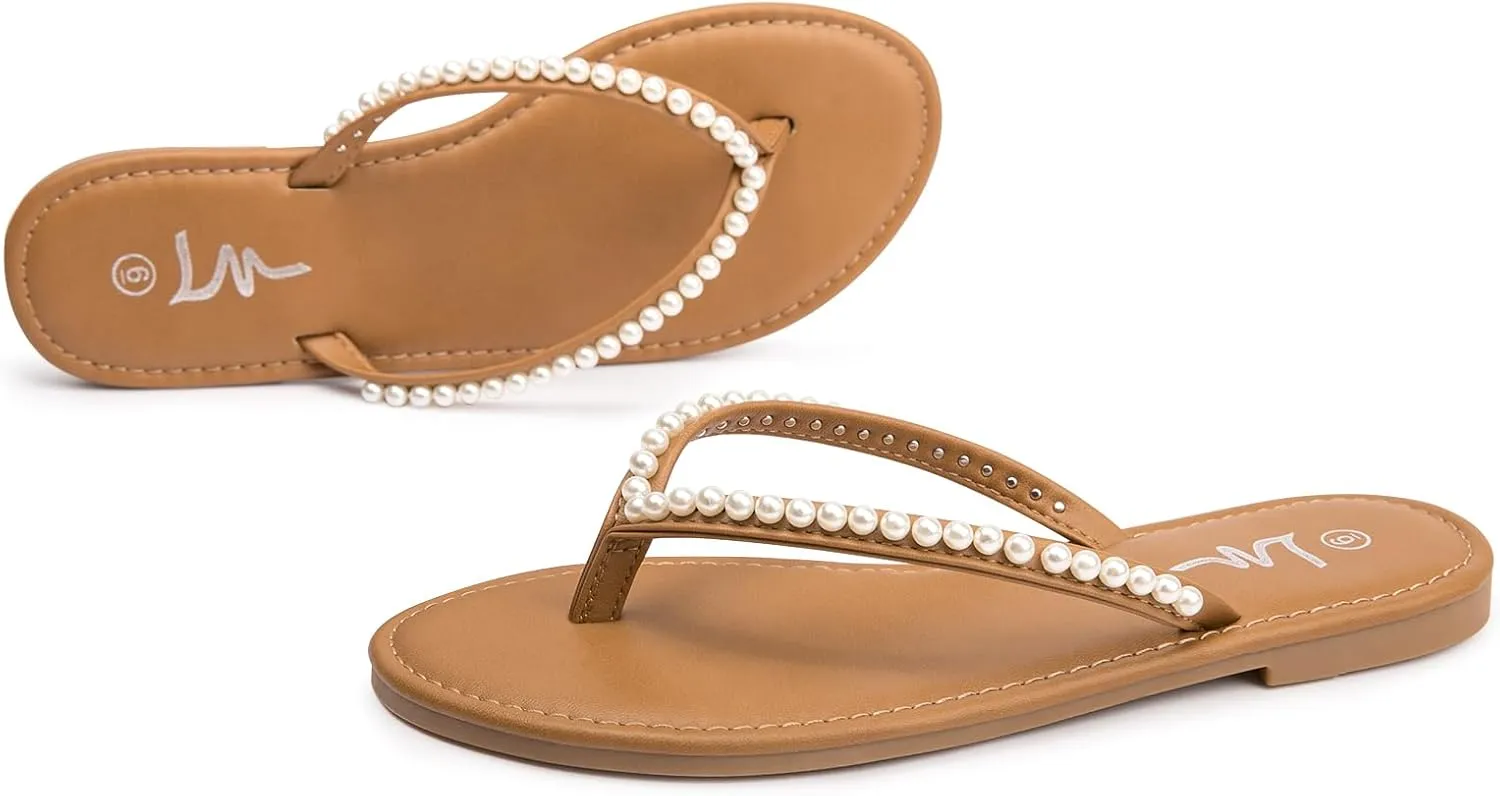 Sandals opposite crooked stylish neutral sticky Thong Sandals Flip Flop Slip On Slide Sandals for Women Dressy Summer LM Women's Pearls Strappy Flat 