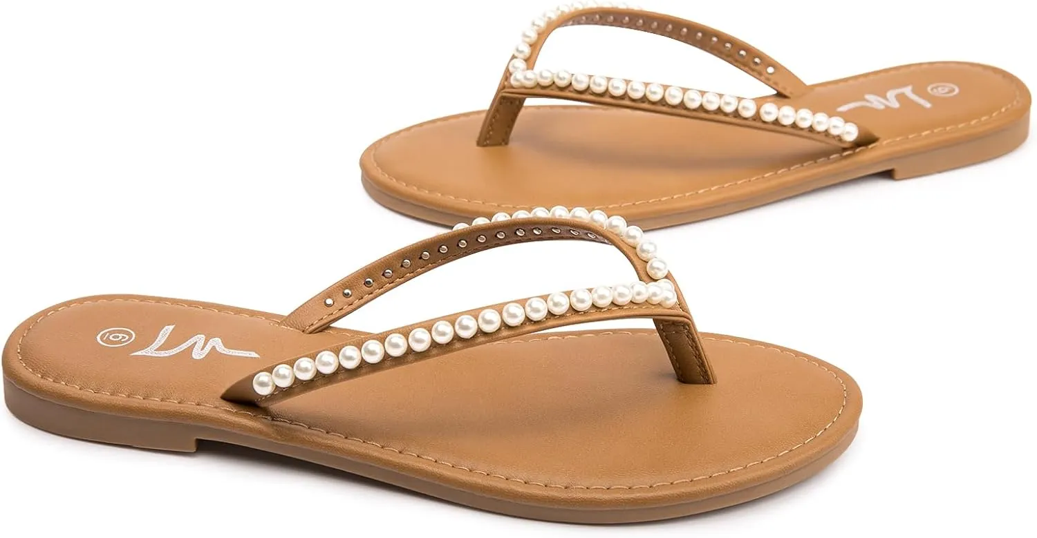 Sandals opposite crooked stylish neutral sticky Thong Sandals Flip Flop Slip On Slide Sandals for Women Dressy Summer LM Women's Pearls Strappy Flat 