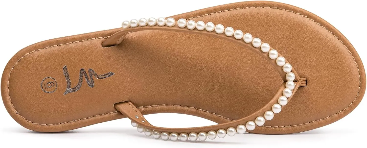 Sandals opposite crooked stylish neutral sticky Thong Sandals Flip Flop Slip On Slide Sandals for Women Dressy Summer LM Women's Pearls Strappy Flat 