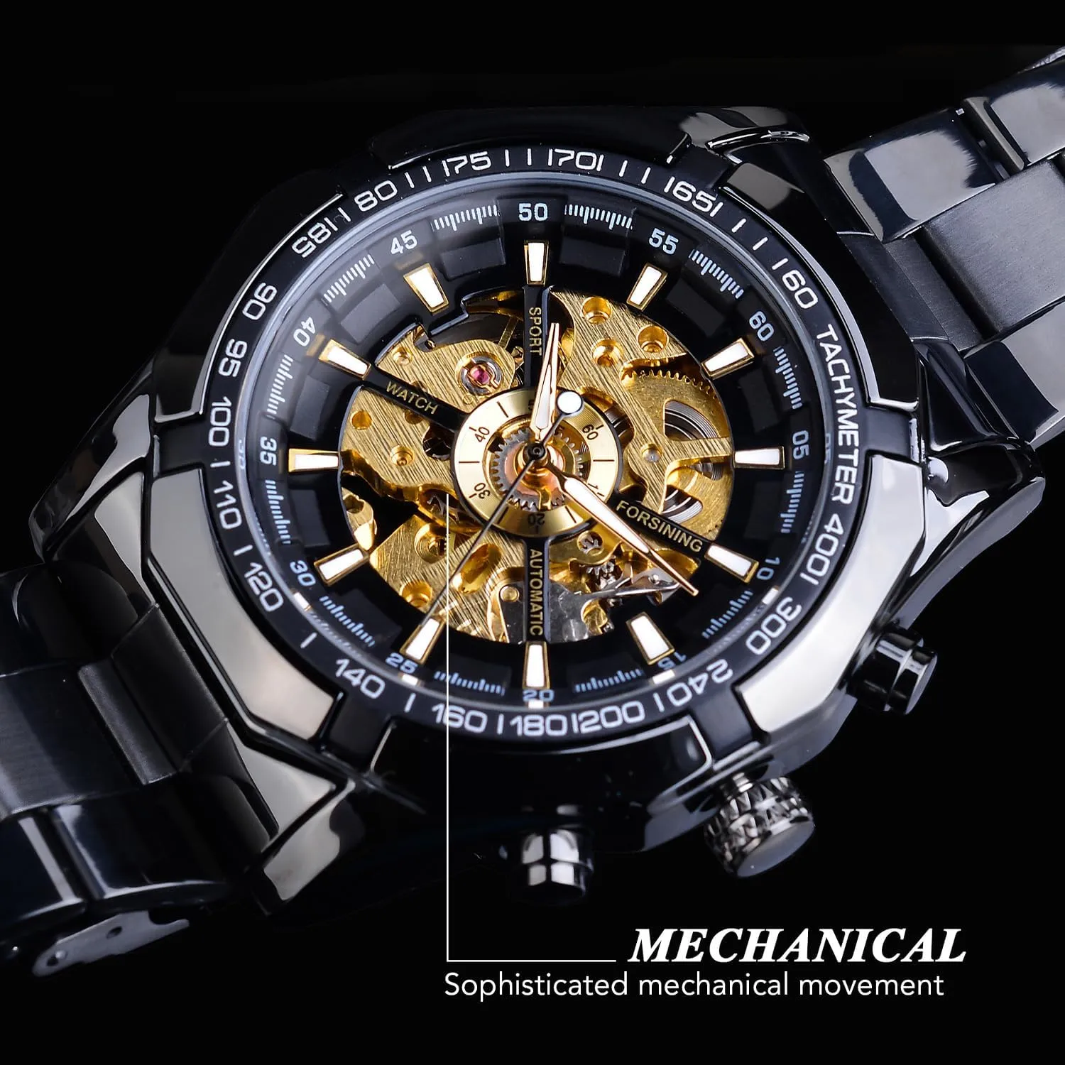 Self-Wind Skeleton Hollow Out retrieve procedure Mechanical Automatic Luxury Watches, Blue Black Stainless Steel Band Waterproof Wristwatch FORSINING Men's Watch 