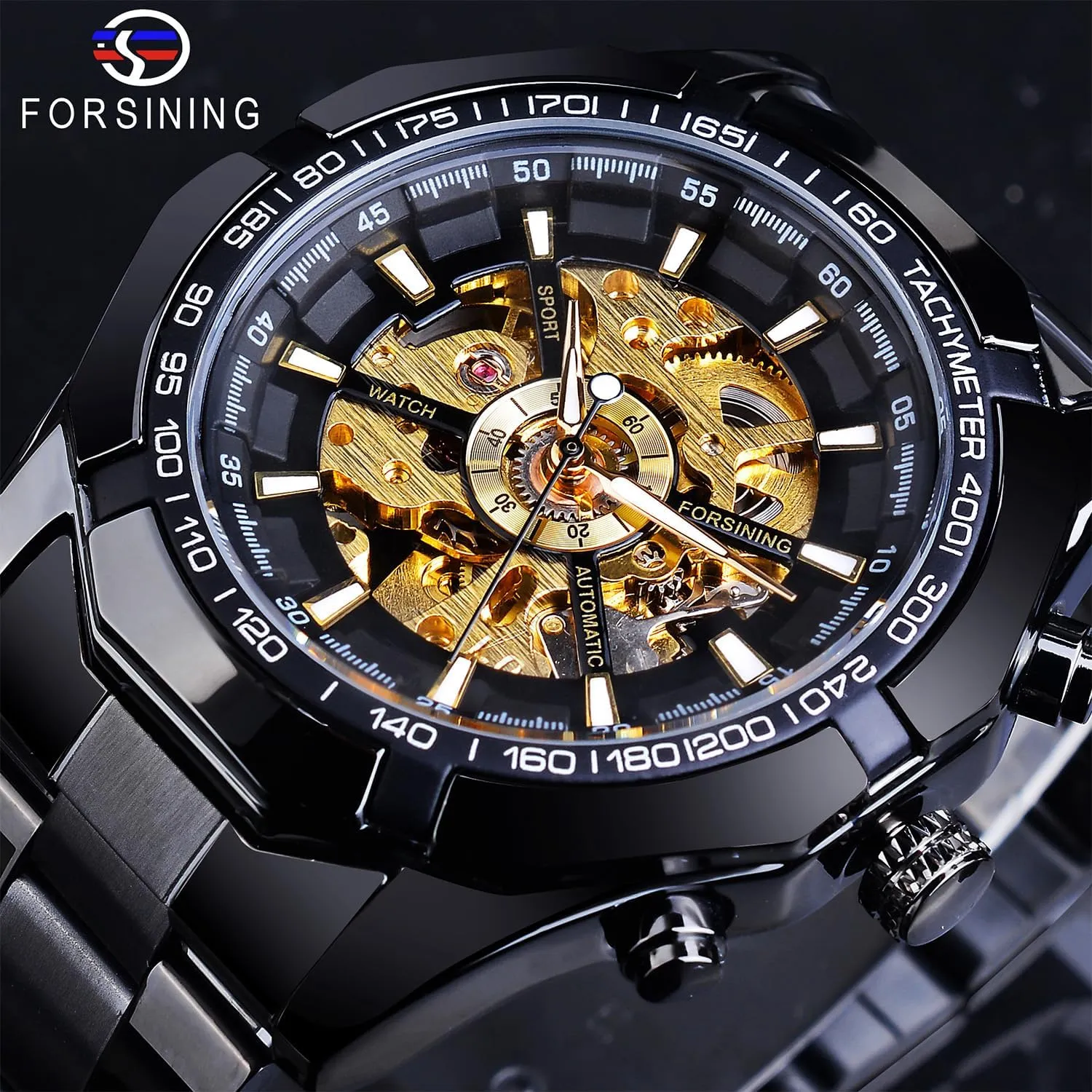 Self-Wind Skeleton Hollow Out retrieve procedure Mechanical Automatic Luxury Watches, Blue Black Stainless Steel Band Waterproof Wristwatch FORSINING Men's Watch 