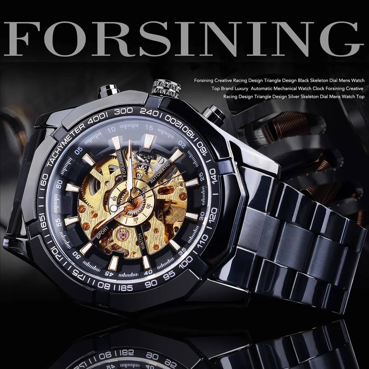 Self-Wind Skeleton Hollow Out retrieve procedure Mechanical Automatic Luxury Watches, Blue Black Stainless Steel Band Waterproof Wristwatch FORSINING Men's Watch 