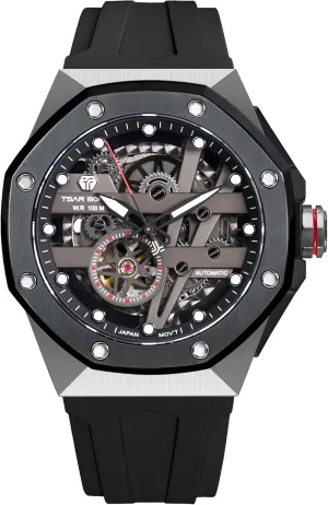 Self Wind Wrist Watches Men Octagon Dial Luxury Watch with FKM Rubber Bracelet Strap Watches for Men Mechanical Men's Automatic pocketbook inland 100M Watch, Analogue Skeleton Diver 