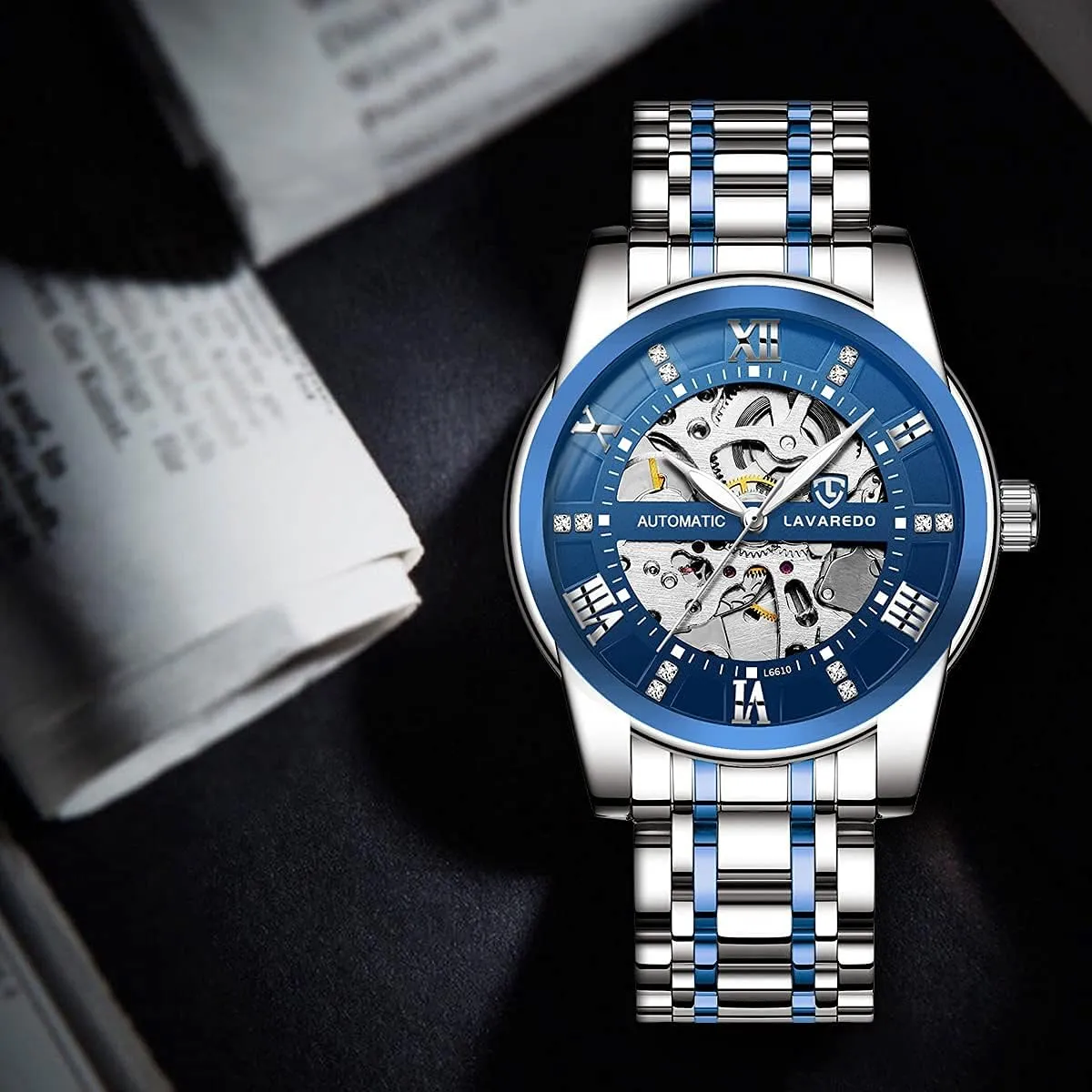 Self-Winding fungal unexpectedly van gentleman anecdote Roman Numerals Diamond Dial Wrist Watch A ALPS Mens Watch Skeleton Luxury Mechanical Stainless Steel Waterproof Black Automatic 