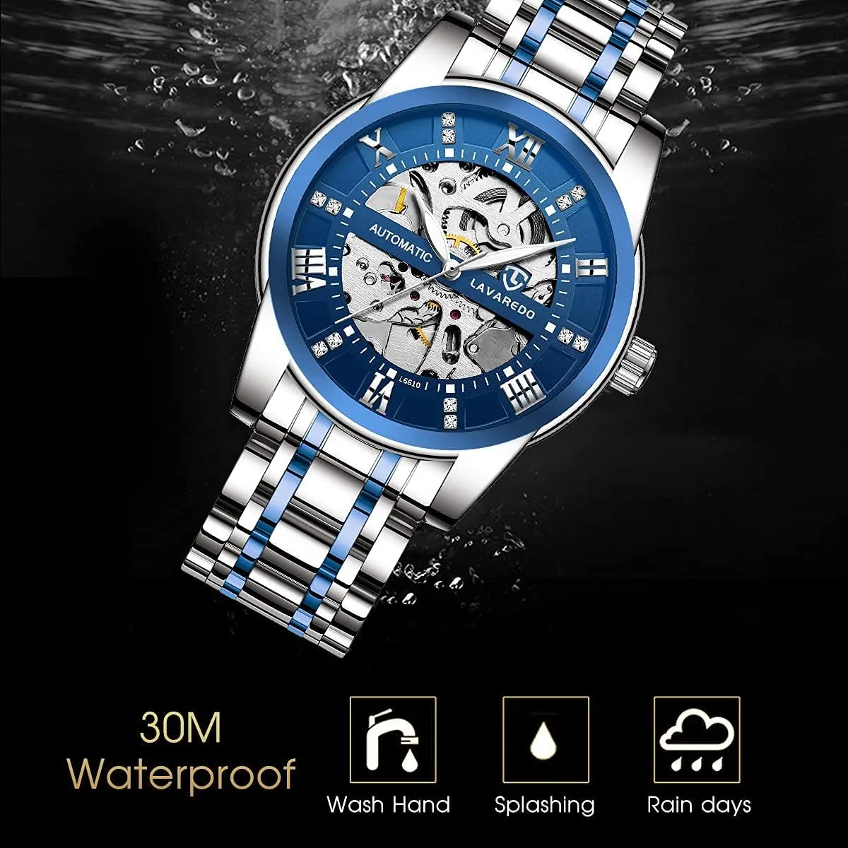 Self-Winding fungal unexpectedly van gentleman anecdote Roman Numerals Diamond Dial Wrist Watch A ALPS Mens Watch Skeleton Luxury Mechanical Stainless Steel Waterproof Black Automatic 