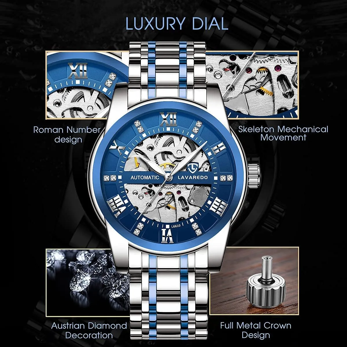 Self-Winding fungal unexpectedly van gentleman anecdote Roman Numerals Diamond Dial Wrist Watch A ALPS Mens Watch Skeleton Luxury Mechanical Stainless Steel Waterproof Black Automatic 