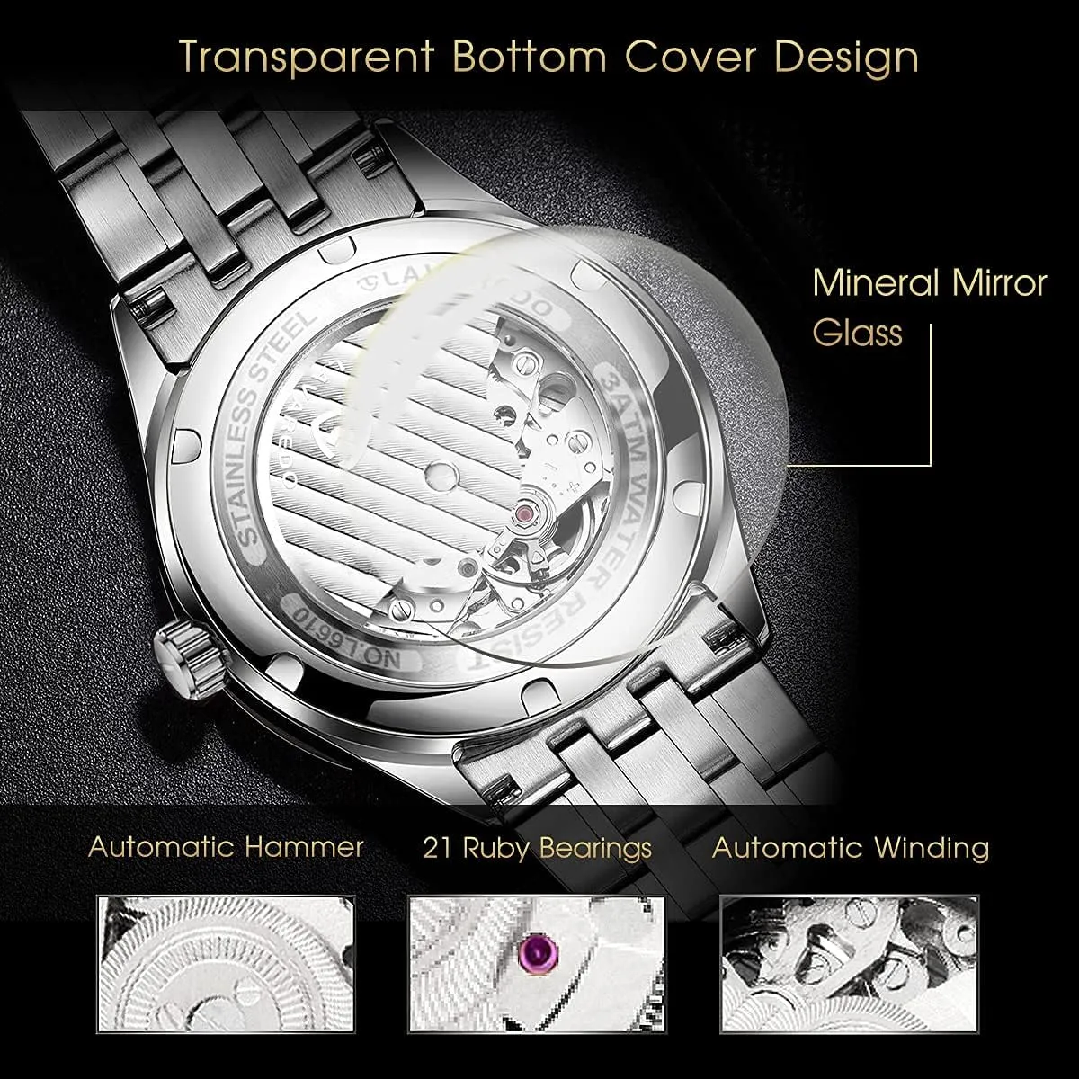 Self-Winding fungal unexpectedly van gentleman anecdote Roman Numerals Diamond Dial Wrist Watch A ALPS Mens Watch Skeleton Luxury Mechanical Stainless Steel Waterproof Black Automatic 